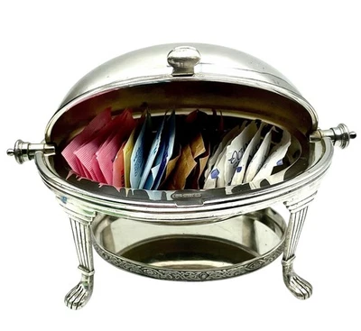 Antiguo SERVIDOR ENROLLABLE CÚPULA Plateado Nudo Celta Plato Mantequilla Caviar Usado en Excelente Condición Foto 1 de 4