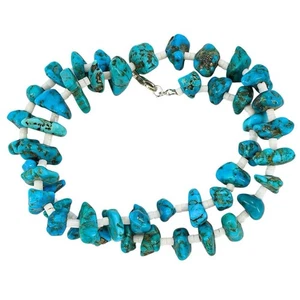 Turquoise Nugget & Shell Heishi Bead Necklace 20” 56g Sterling Silver Clasp - Picture 1 of 5