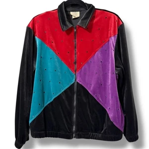 Vintage TEDDI Petite Velour Full Zip Jacke Colorblock gepunktet 80’s 90s siehe Spot - Bild 1 von 11
