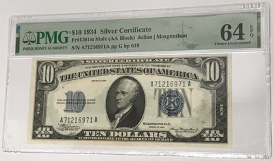 1934 $10 Silver Certificate PMG 64 CU Uncirculated EPQ Fr#1701m AA Block Mule - Image 1 of 2