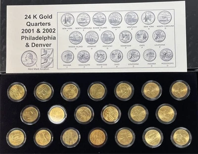 2001 - 2002  P & D - 24K Gold Plated Quarters Set of 20 Coins In the box - Image 1 of 2