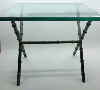 Mid Century Faux Bamboo Iron Glass Top Side Table  - Image 1 of 4