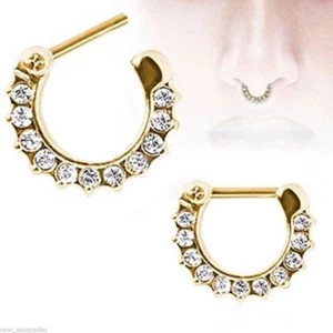 Septum Nose Captive Clicker Covered in Clear Gems Gold IP 16 Gauge 5/16" - Picture 1 of 4