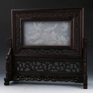 Pantalla de peces y loto tallada a mano jade afgano con incrustación de madera china 20862 - Imagen 1 de 7