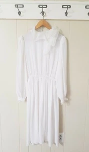 Vintage Emma Domb Dramatic Ruffle Neck Dress White Pearl Button Vtg Sz 14 Union - Picture 1 of 12
