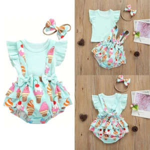 Toddler Newborn Baby Girl Summer Ruffle Tops Suspender Shorts Headband Outfits - Picture 1 of 11