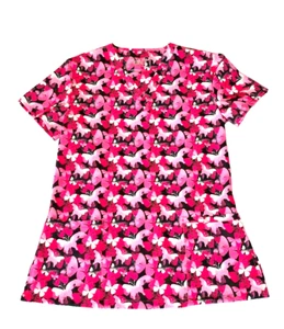 Revel Performance SIZE XS Women’s Medical Scrub Top Pink w/ Butterflies EUC - Picture 1 of 9