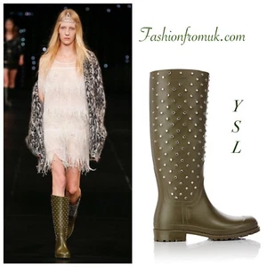 Saint Laurent Women Olive Green Rubber Rain Boots w/diamond Studs 36 - Picture 1 of 15