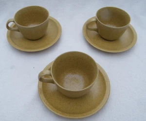 Retrò YAMATO Giappone Gres Pottery 3 tazze e 3 piattini senape maculata - Foto 1 di 5