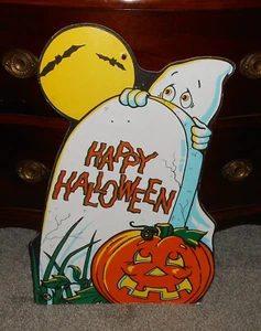 Vintage 1990s Halloween Yard Art Sign Jack O Lantern Friendly Ghost Bats Moon - Picture 1 of 4