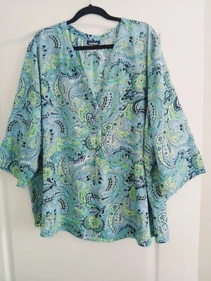 ОСНОВНЫЕ ИЗДАНИЯ 3 X синий пейсли верхний Snap спереди Henley 3/4 рукава кнопка вкладка - Изображение 1 из 4