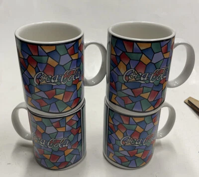 复古可口可乐马克杯 4 件装咖啡杯马赛克彩色玻璃 Gibson 1996 — 第 1/2 张图片