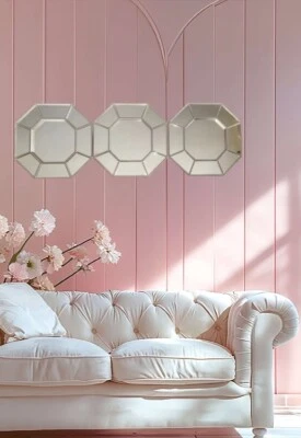 "Juego de 3 espejos de pared octágonos geométricos Art Deco con detalles plateados | 10""x10""" Foto 1 de 4
