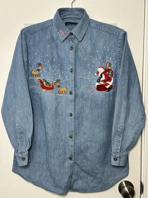 Karen Scott Vintage Denim Christmas Holiday Shirt Women’s Sz Small Button Down - Image 1 of 4