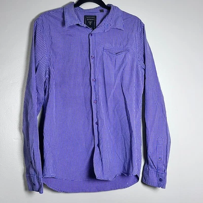 Camisa masculina Guess com botões roxa xadrez Gingham manga longa tamanho grande - Imagem 1 de 4