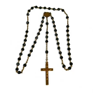 Chapelet Ancien Plaqué or Perles en verre couleur noir Rosary Religion - Picture 1 of 8