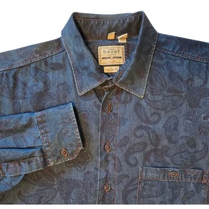 Haupt Hemd Herren Blau Paisley Denim Langarm Knopfleiste Germany Gr. Large - Bild 1 von 11