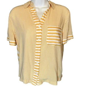 JANE & DELANCEY Camp Shirt Size MEDIUM Yellow Mixed Stripe Pocket Collar Button - Picture 1 of 10