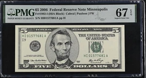 2006 $5 Federal Reserve Note Fr-1992-I Minneapolis PMG67 Superb Gem EPQ - Picture 1 of 2