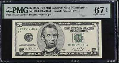 2006 $5 Federal Reserve Note Fr-1992-I Minneapolis PMG67 Superb Gem EPQ - Image 1 of 2