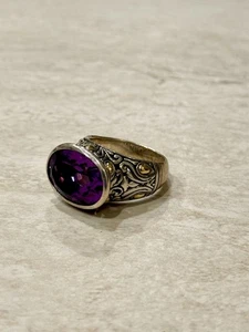 Vintage 18K Gelbgold 925 Sterling Silber Ring lila Amethyst Größe 9 Mittelalter - Bild 1 von 16