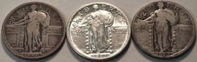 Lot (3) Better Standing Liberty Quarters 1917 D Type 1 1917 Type 2 1927 S Silver - Image 1 of 4