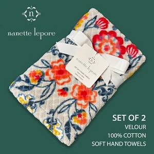 SET OF 2 New Nanette Lepore Soft Velour Cotton Hand Towels Festive Floral - Picture 1 of 4