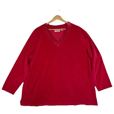 Quacker Factory Reversible Sequin V Neck Holiday Sweater 2X Velour Red - Image 1 of 4