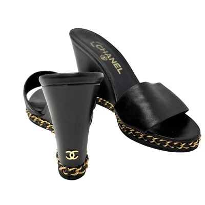 Sandalias Chanel Vintage Logo CC Cadena Suela Cuña #37-38.5 Cuero Negro Dorado Foto 1 de 4