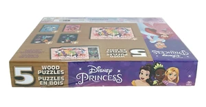 Disney Princess 5-Pack of Wood Jigsaw Puzzles w/ Wooden Storage Box - Picture 1 of 4