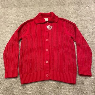 LL Bean Sweater Womens Large Red Ribbed Knit Button Collar Fisherman Cotton New - Image 1 of 4