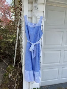 NWT Talbots Pretty Blue White Stripe Linen Square Neck Lined Midi Dress 16W - Picture 1 of 8