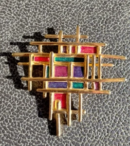 Signed LR Lady Remington Pin Brooch Gold Tone Abstract Odd Pink Purple Green Red - Picture 1 of 4