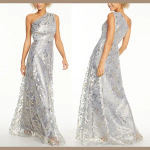 NWT $349 Adrianna Papell Metallic Lace One Shoulder Gown [ SZ 12 ] #e915 - Picture 1 of 15