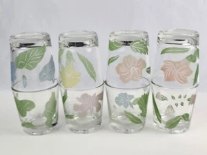 Set of 8 Federal Glass Pastel Colors Etched Flowers Whiskey Low Juice Tumblers - Picture 1 of 12