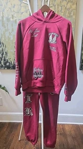 True Religion Sweatsuit Fleece Tracksuit Hoodie Joggers Set Burgundy Men's Sz S - Picture 1 of 14