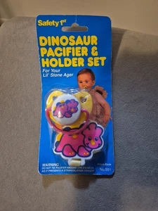 Safety 1st Vintage 1993 Dinosaur Pacifier & Holder Set 591 90s Baby - Picture 1 of 9