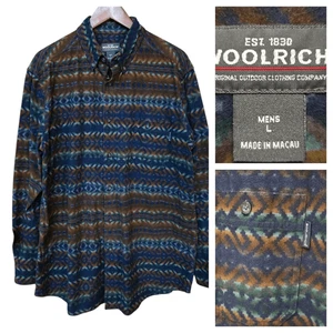 Woolrich Mens Aztec Southwestern Flannel Button Down Shirt L Navy Blanket Stripe - Picture 1 of 15