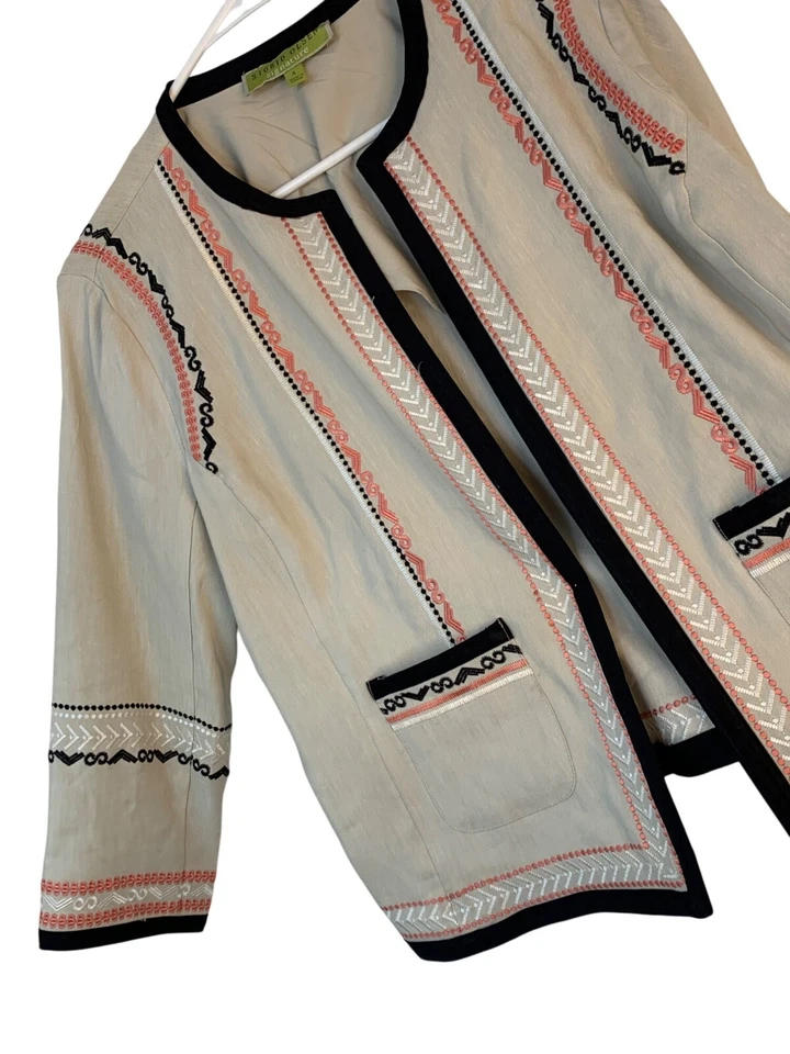 Sigrid Olsen Signature Embroidered Beige Linen Crop Boxy Jacket Size 4 9012 New - Image 1 of 4