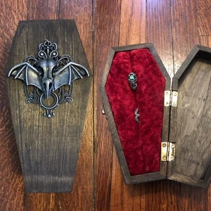 Vintage Inspired Coffin Ring Jewelry Box Engagement Wood Victorian Gothic Skull - Picture 1 of 4