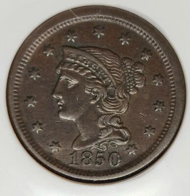 Choice 1850 Braided Hair Large Cent 1C NGC AU-58  BN - Sharp Details !!! - Image 1 of 4