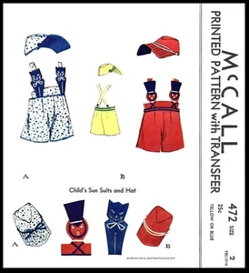 McCall 472 Pattern BOY'S Boy Sun Suit Play suit Romper & HAT ~Sz 2 - Picture 1 of 4