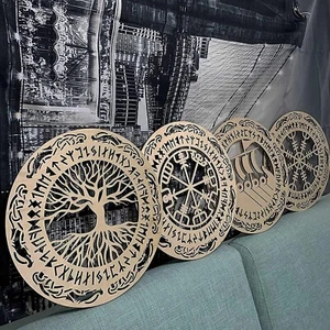 4 Pieces Viking Wooden Wall Decor Tree of Life Wall Art Nordic Viking Runes - Picture 1 of 6