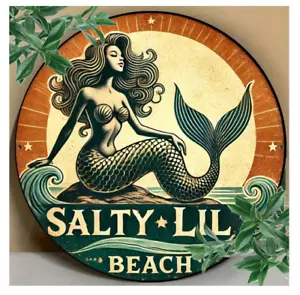 Metal Carved Mermaid Wall Art Decor Sign - Vintage Round Plaque, "Salty Lil' Bea - Picture 1 of 16