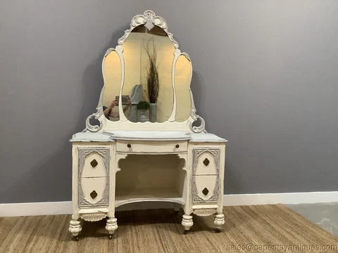 Vintage Painted Vanity Dresser White w Gray Accents Shell Scroll Carved Design Cover