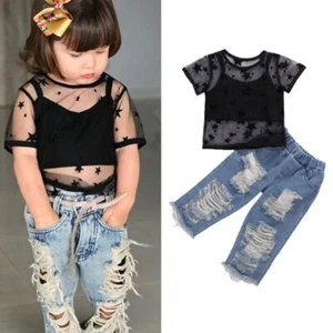 3PCS Kids Baby Girls Lace Vest Tops Floral Denim Jeans Outfits Clothes Set Tops - Picture 1 of 6
