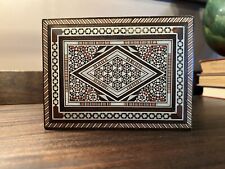 Inlaid Mosaic Marquetry Wooden Box Lined Hinged Lid 6-3/4" Vintage Mid Eastern
