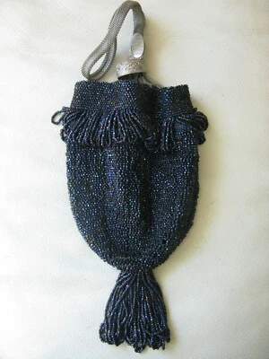 Antique Art Deco Iridescent Blue Bead Fancy Drawstring Flapper Tassel Purse - Image 1 of 4
