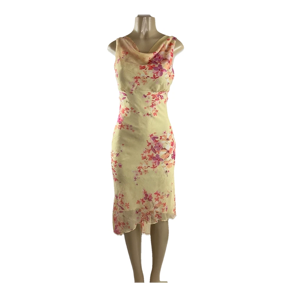 Vestido Vintage Y2K Talla 7/8 Amarillo Floral Slinky Fairycore Cuello Drapeado Asimétrico Foto 1 de 4