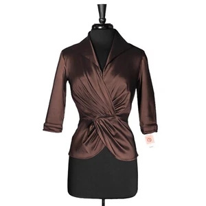 Tadashi Collection Brown Taffeta V-Neck Ruched Evening Formal Blouse Womens 4 - Picture 1 of 10